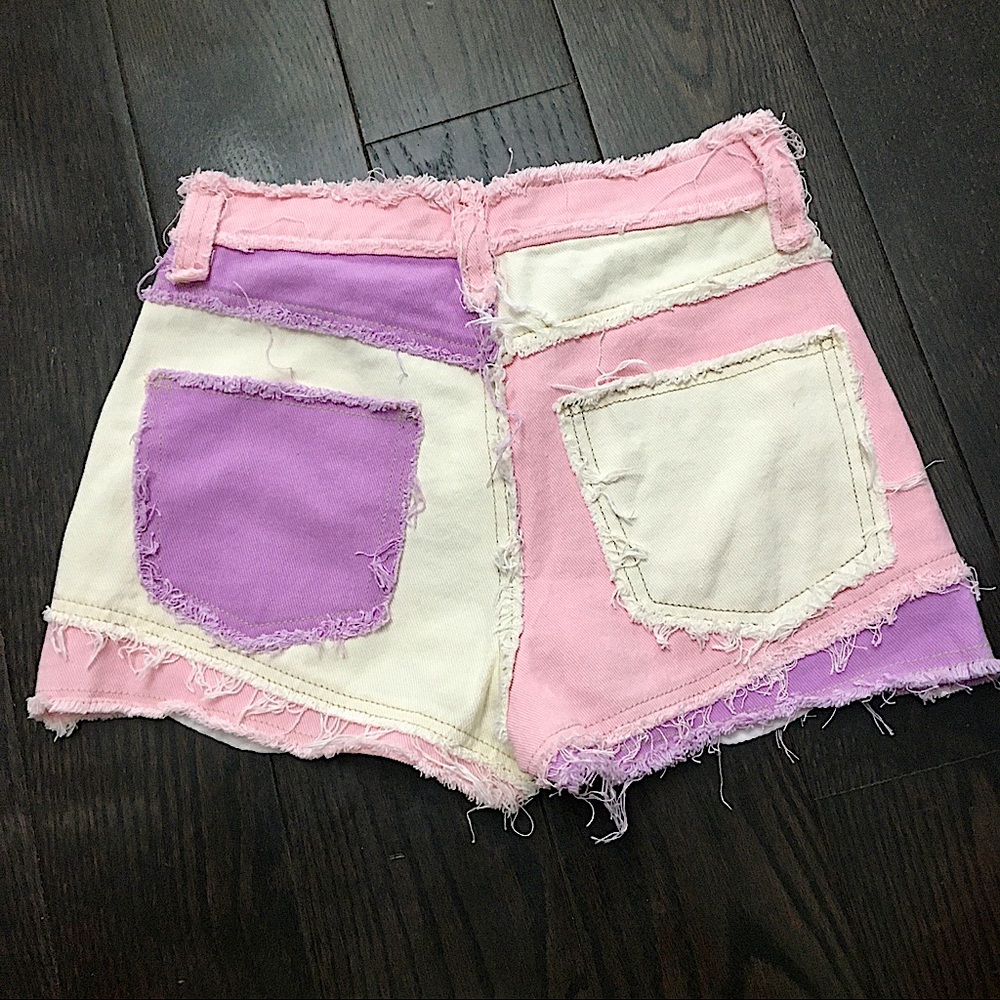 Jaded London Hot Pant Cut-Off Jean Shorts in Purple Pink Denim Patchwork - Picture 8 of 16